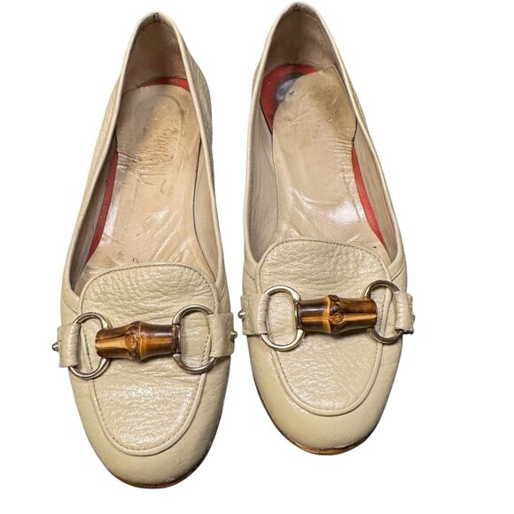 Gucci Cream Leather Driver Flats Women’s Size ~9.5–10 Bamboo Horsebit Loafers - Picture 1 of 7